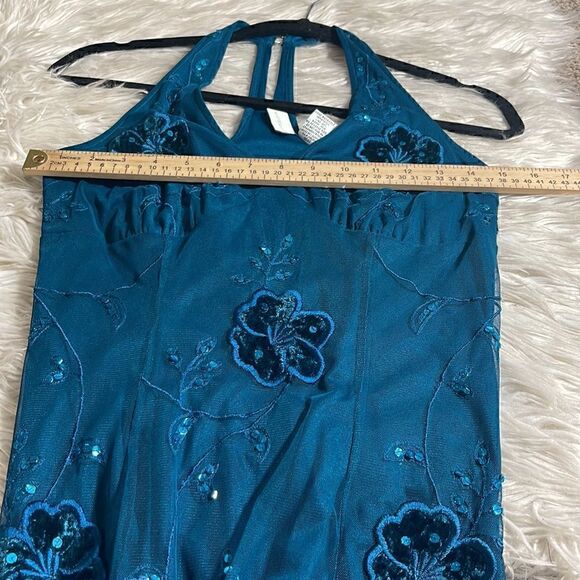Vintage Newport News Dress Womens Halter y2k 90s embroidered sequin Fairy Teal - Picture 10 of 12